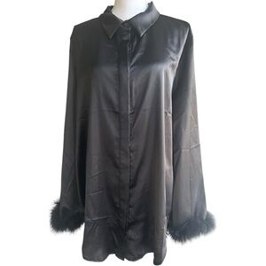 Fashion Nova Black Satin Blouse with Feather Details